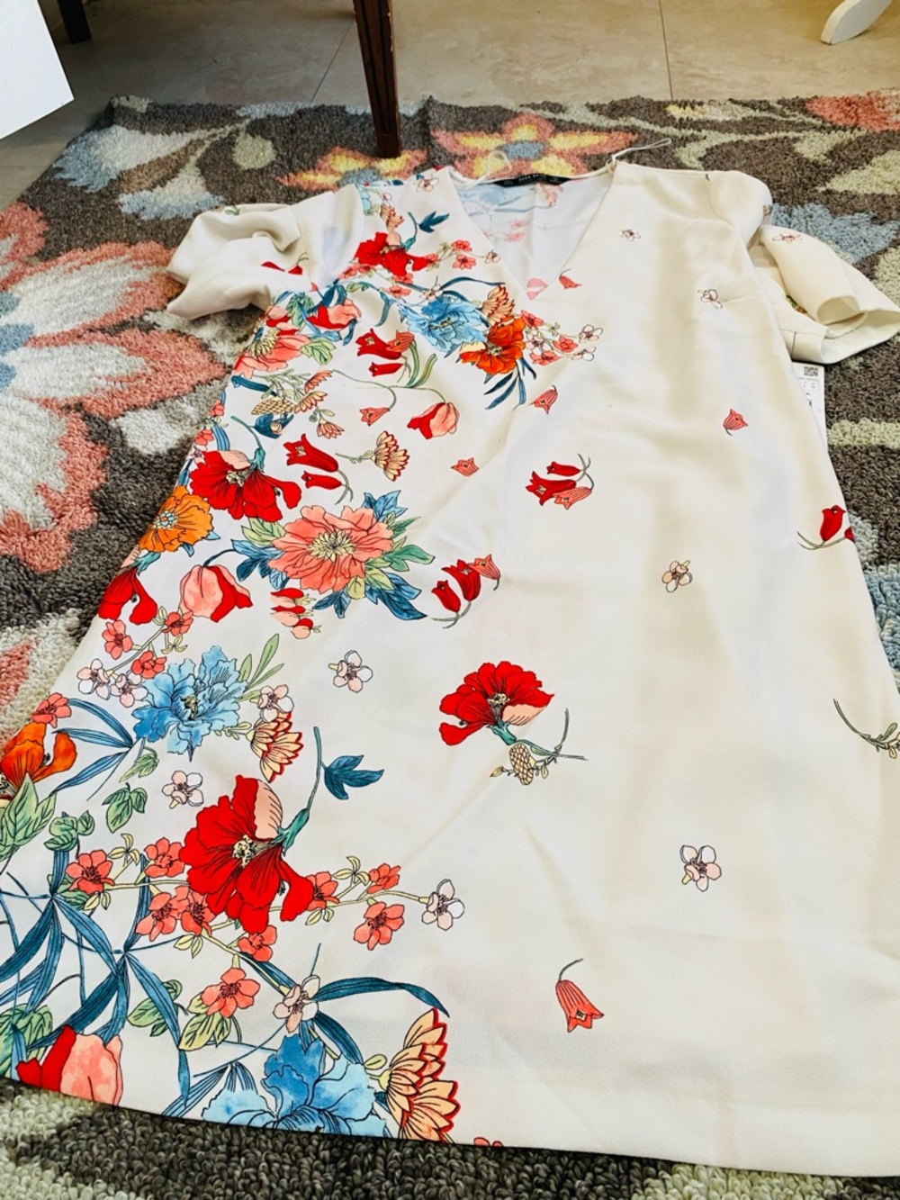 ZARA BASIC FLORAL SHIFT DRESS Size L NWT CREAM MULTICOLOR SHORT SLEEVE - Picture 10 of 14